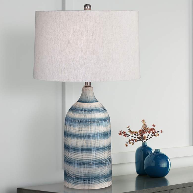 Image 1 Bassett Hayes 30 inch Matte Blue and Cream Strips Ceramic Table Lamp