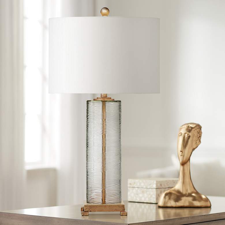 Image 1 Bassett Maroa 28 inch High Ribbed Glass Gold Leaf Column LED Table Lamp