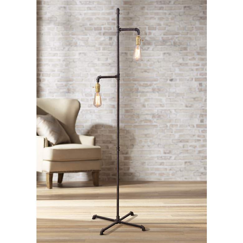 Image 1 Bassett Telestar 64" Bronze Metal Pipe 2-Light Industrial Floor Lamp