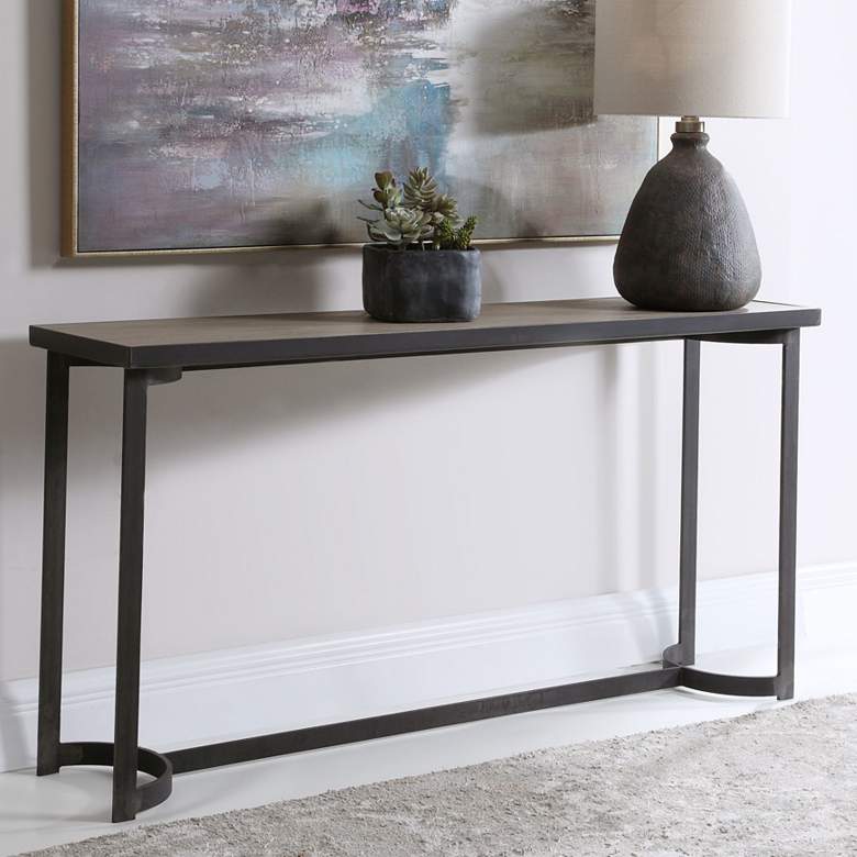 Image 2 Basuto 62 inch Wide Aged Steel Console Table with Light Gray Top
