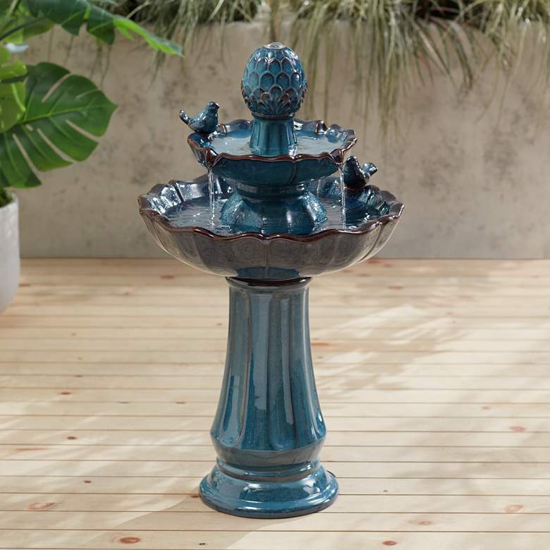 Image 1 Bathing Bird 28 1/4" High Turquoise Ceramic 2-Tier Floor Fountain