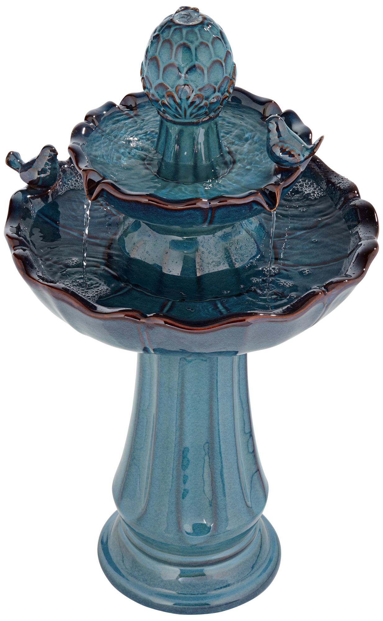 Watch A Video About the Bathing Bird Turquoise Ceramic 2 Tier LED Floor Fountain