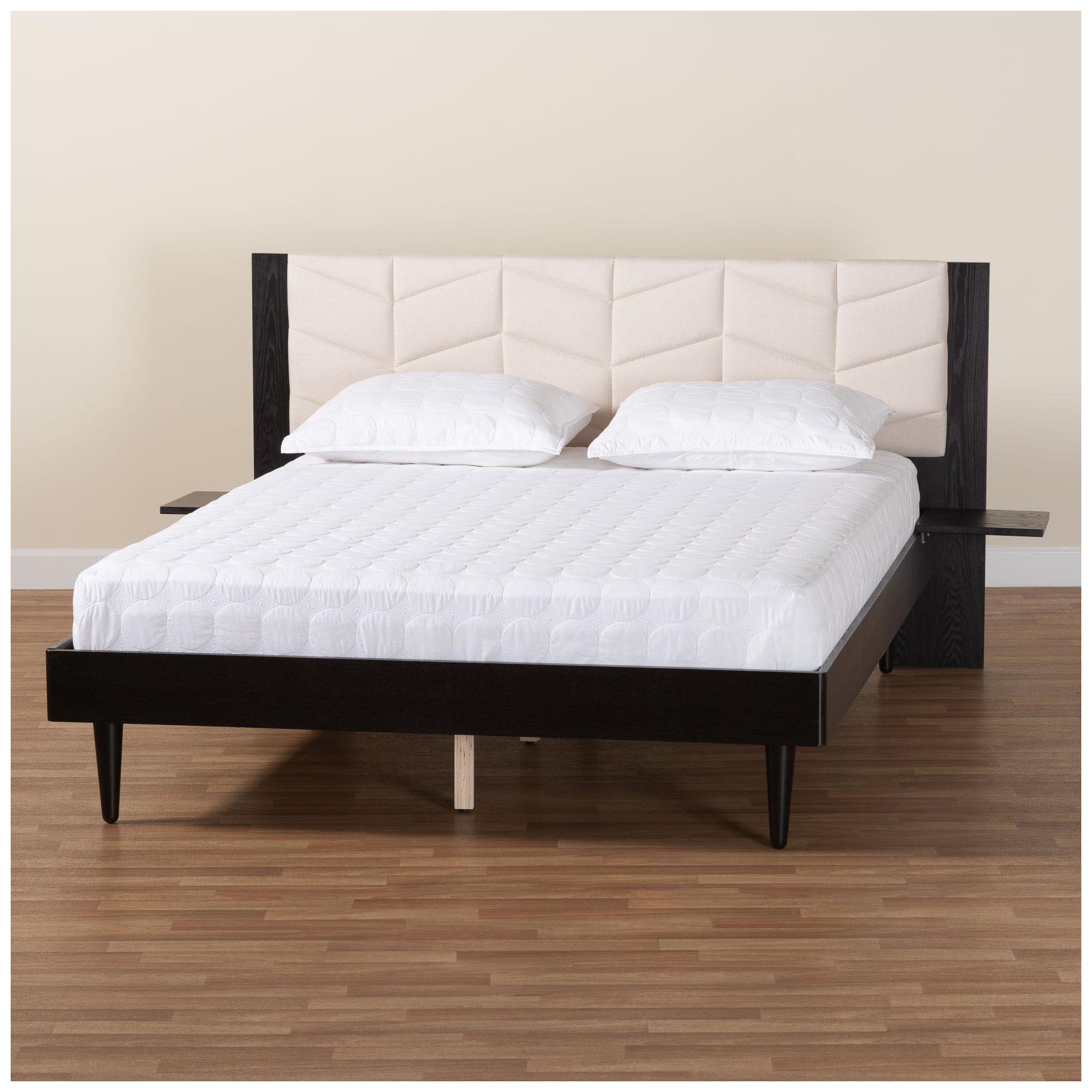 Baxton Studio Adriano Beige Fabric Queen Size Bed w Built-In Side Tables