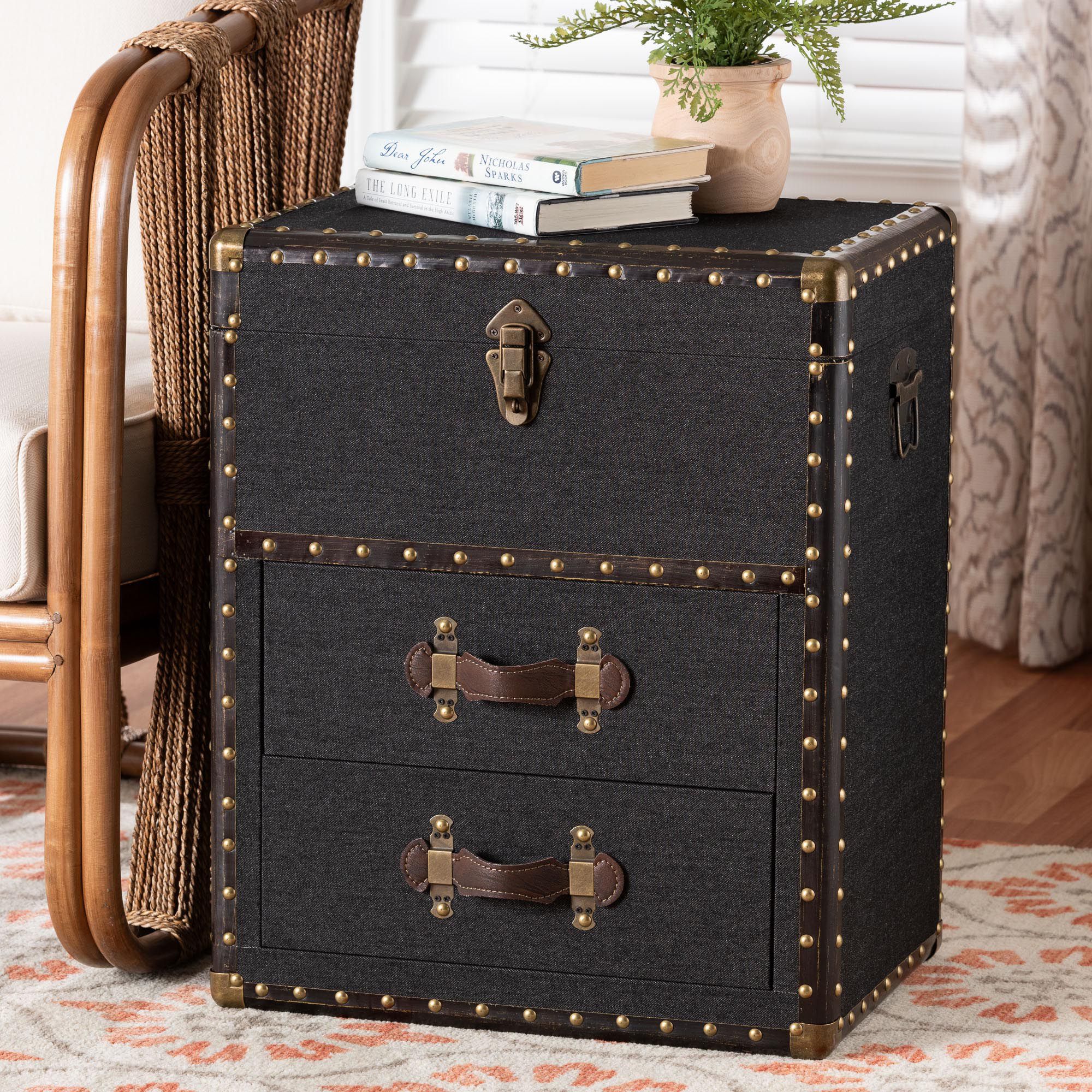 Image 2 Baxton Studio Agatha Vintage Black Canvas 2-Drawer Storage Trunk more views
