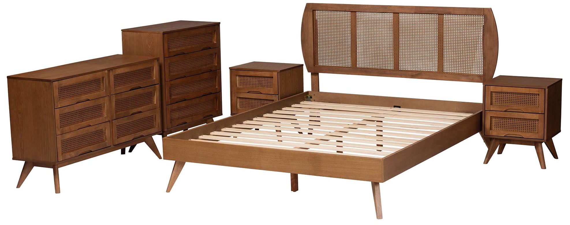 Image 2 Baxton Studio Asami Wood and Woven Rattan Queen Size 5-Piece Bedroom Set more views