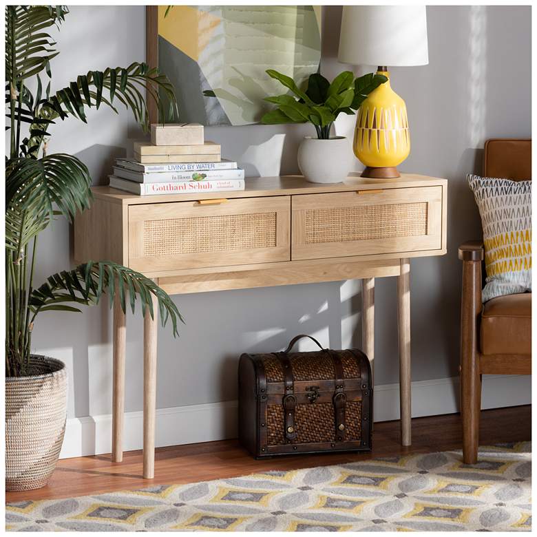 Image 1 Baxton Studio Baird Light Oak Brown Finished Rattan 2-Drawer Console Table