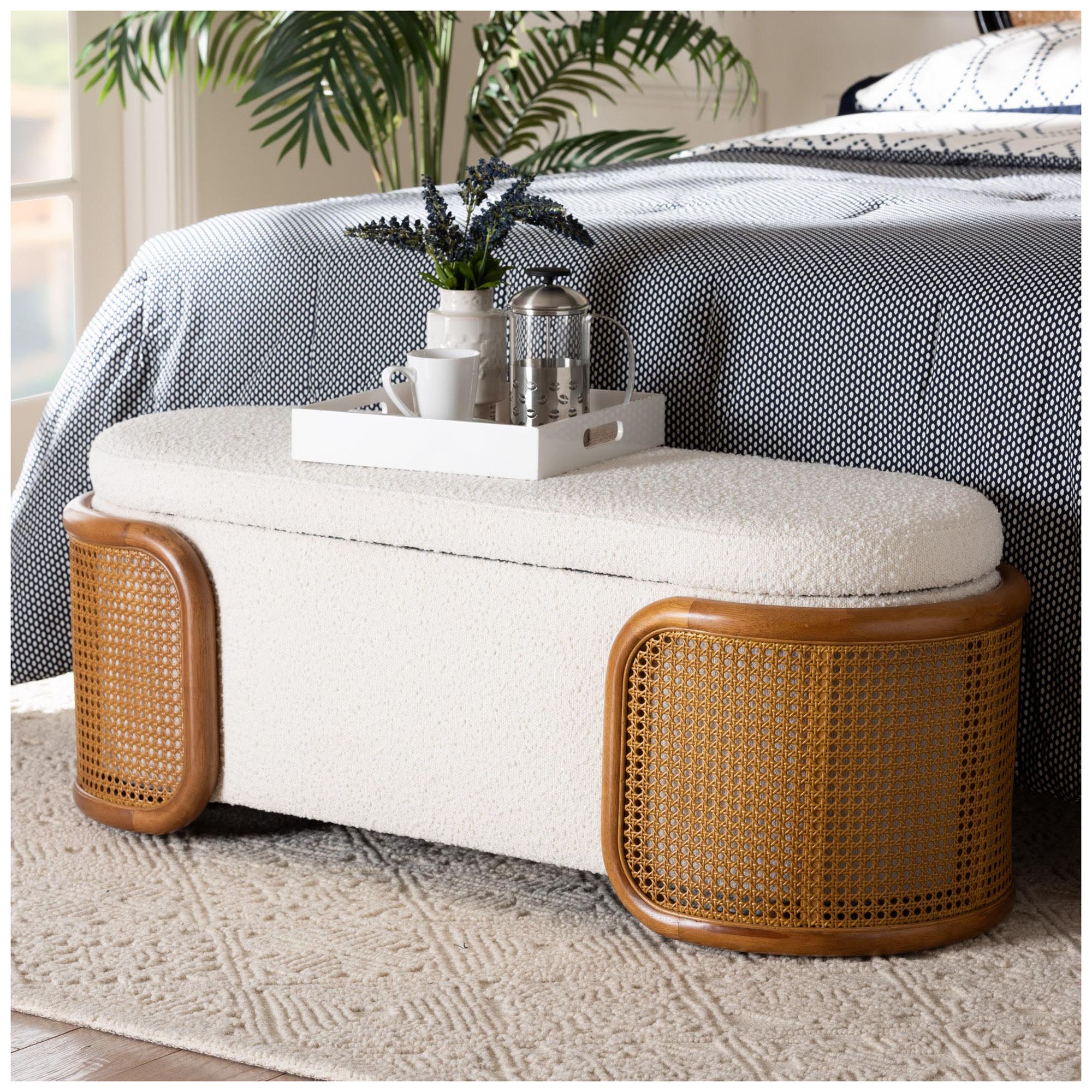 Image 2 Baxton Studio Basira  Cream Boucle Fabric Storage Bench with Woven Rattan more views