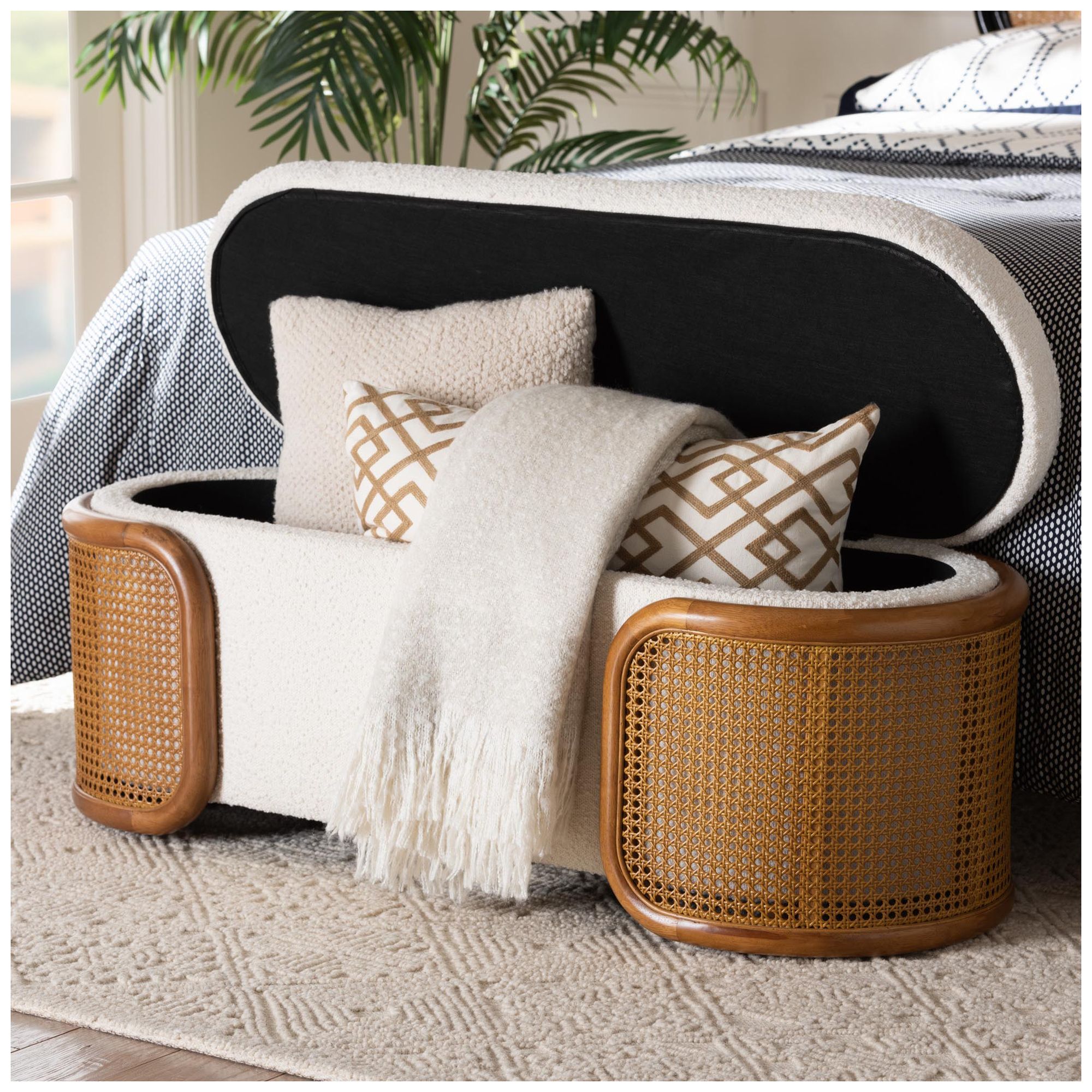 Baxton Studio Basira  Cream Boucle Fabric Storage Bench with Woven Rattan