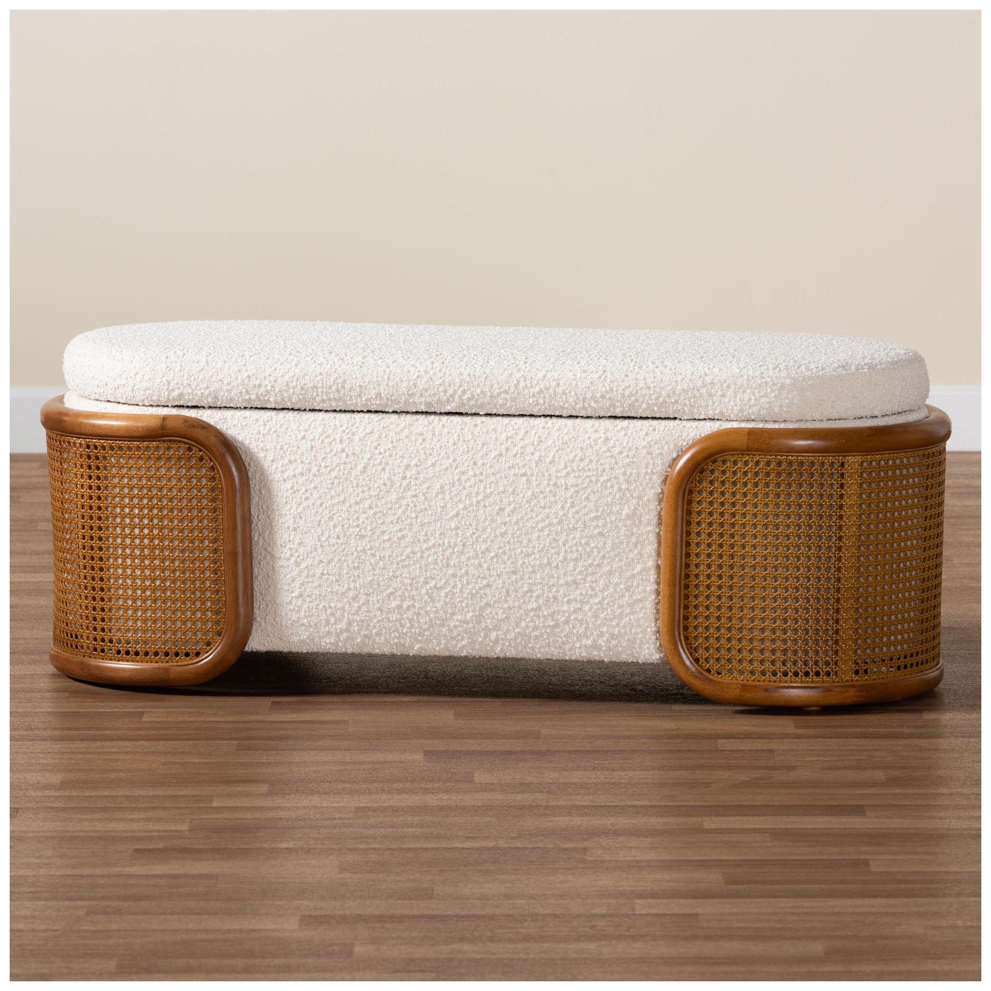 Baxton Studio Basira  Cream Boucle Fabric Storage Bench with Woven Rattan