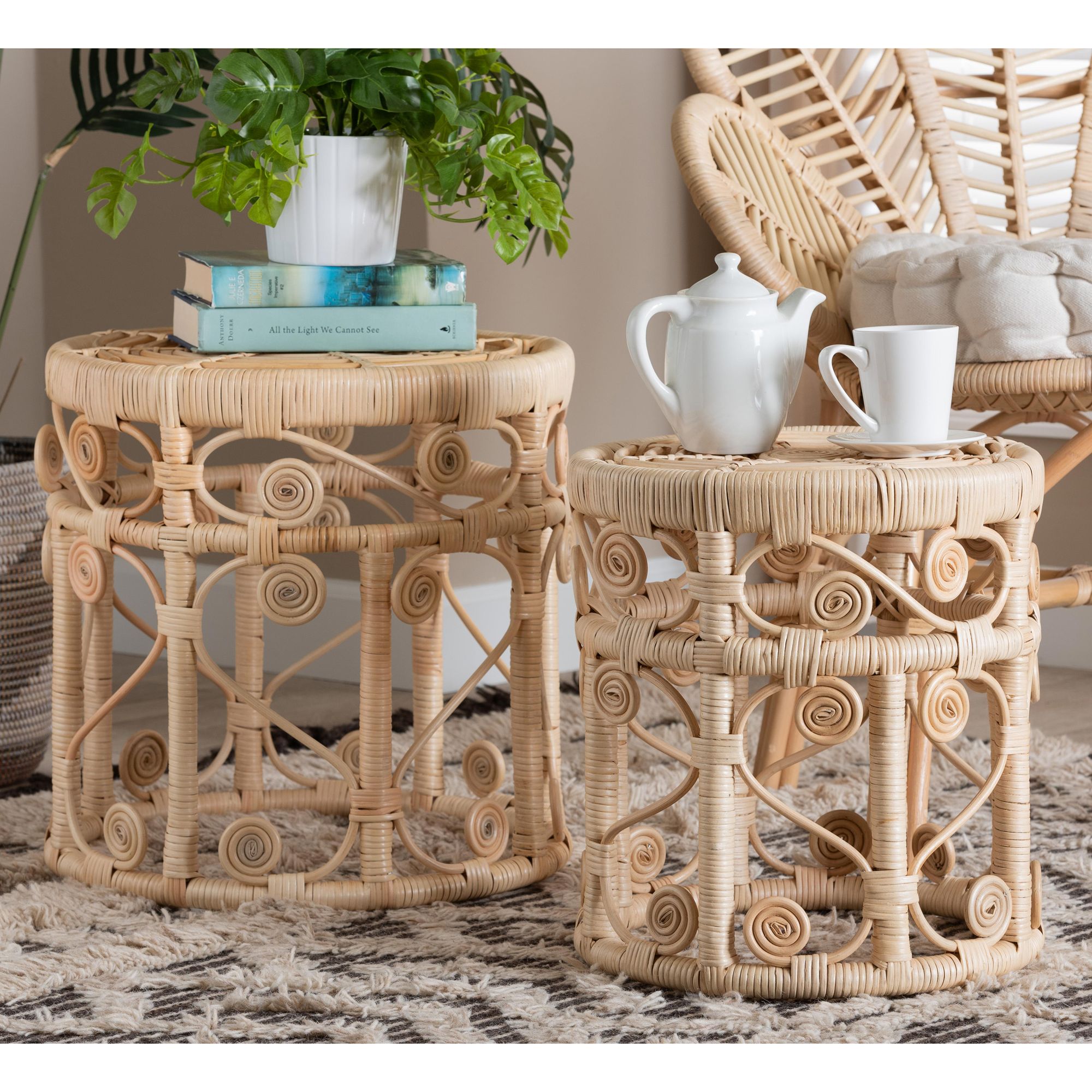 Baxton Studio Bowie Rattan Nesting End Tables Set of 2 3881C