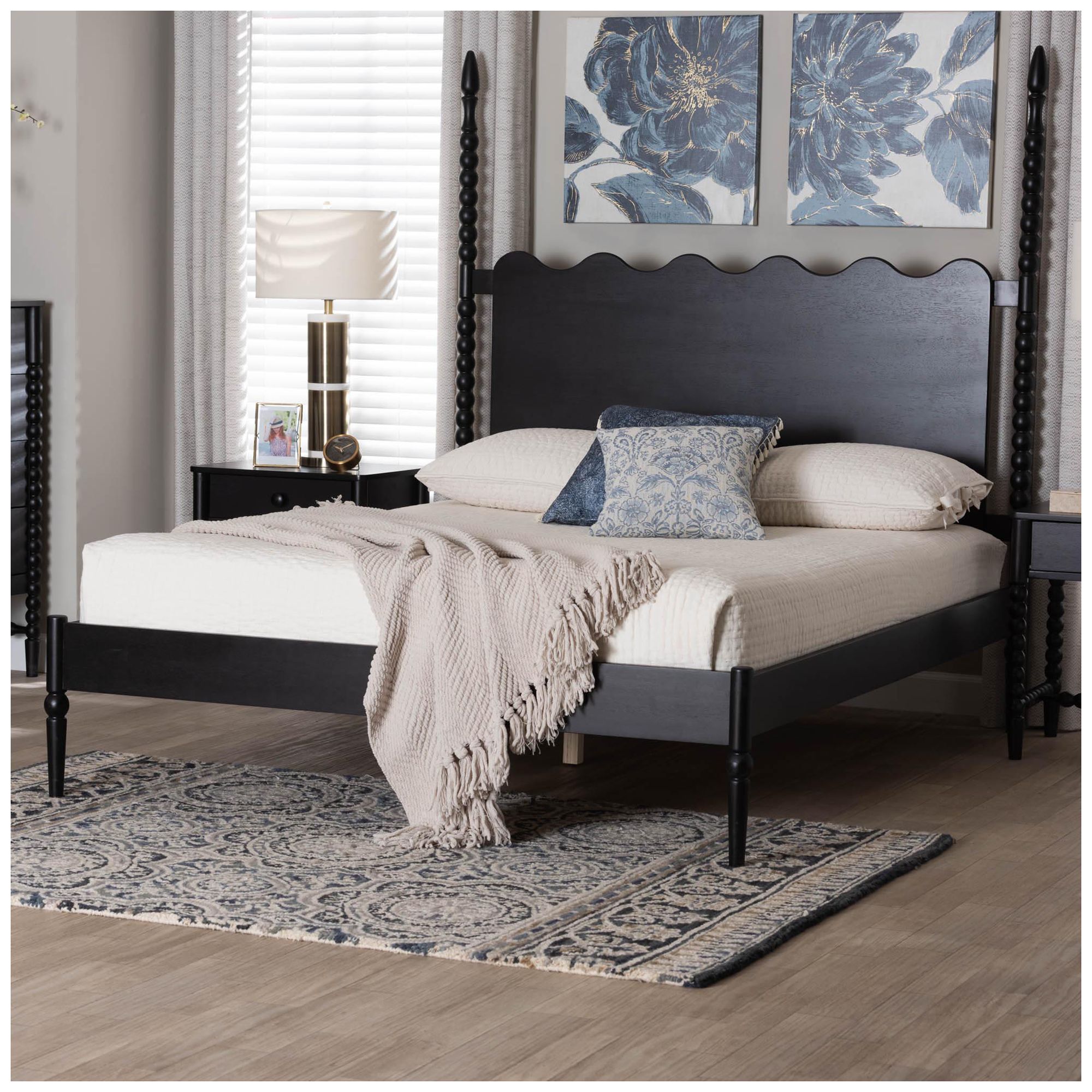 Baxton Studio Brantley Spindle Platform Bed with Headboard, Black, Queen