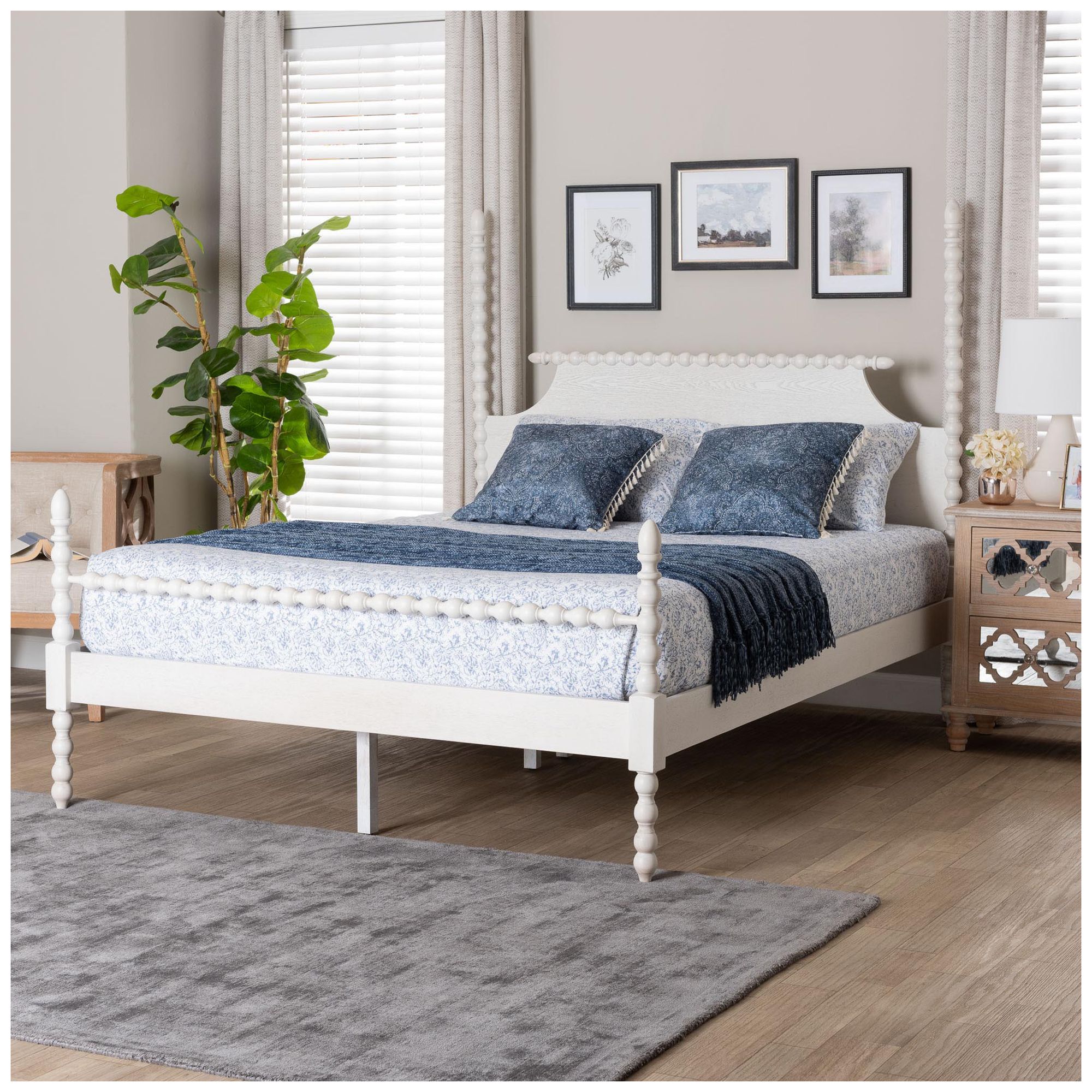 Image 2 Baxton Studio Caliana Bobbin Four-Poster Platform Bed - White, Queen more views