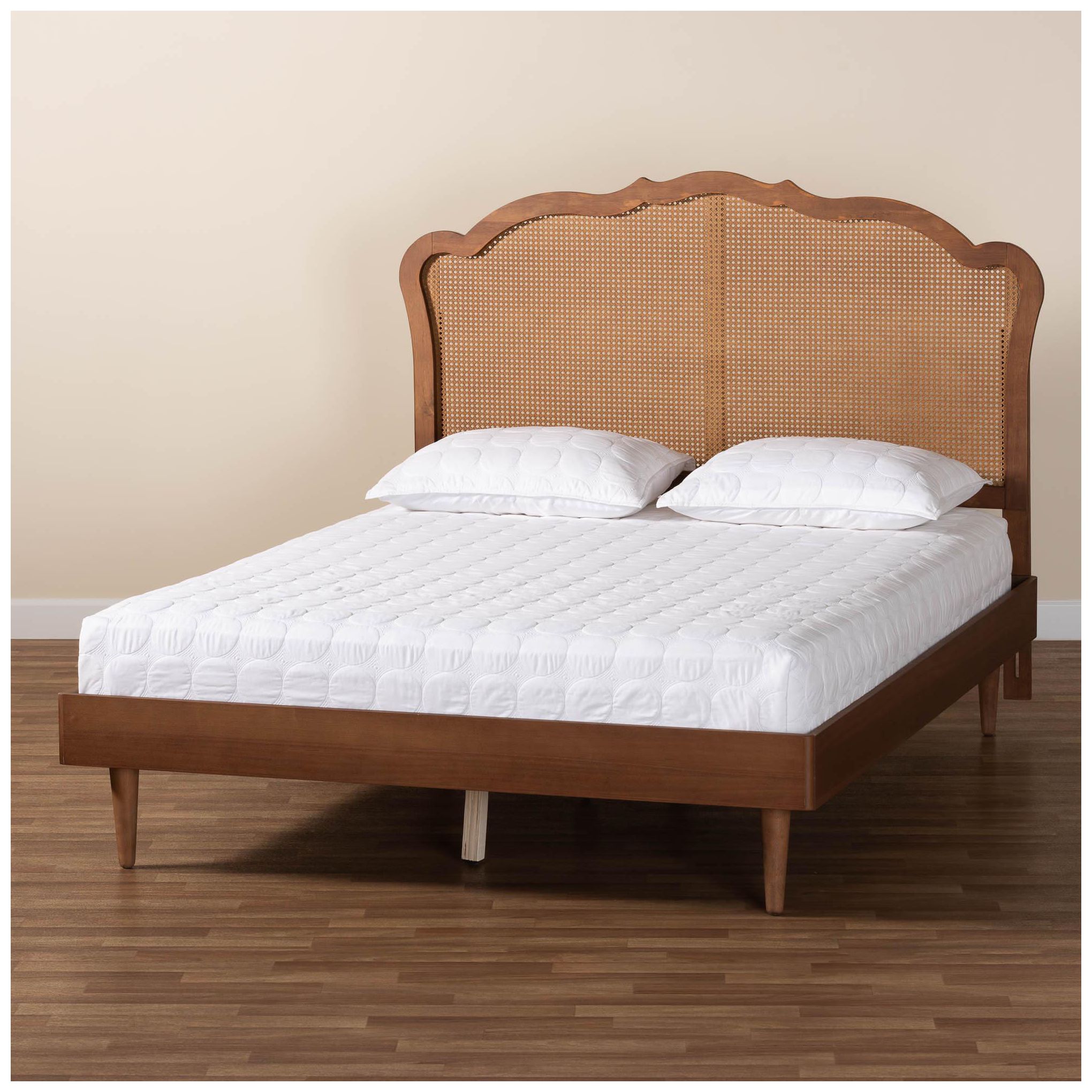 Baxton Studio Camden Mid-Century Wood and Rattan Queen Size Platform Bed