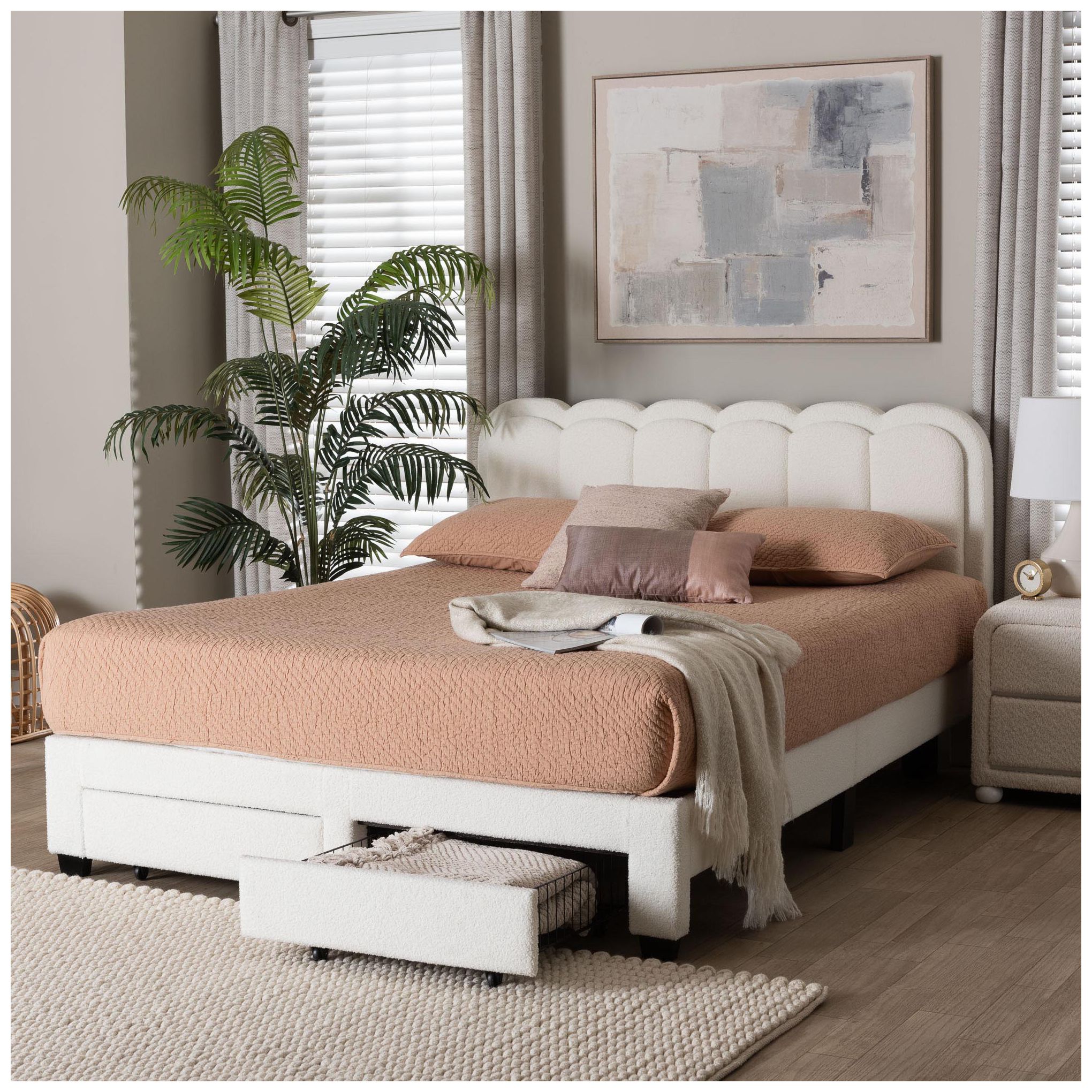 Baxton Studio Caradonna Cream Teddy-Bear Fabric Bed with Drawers - Queen