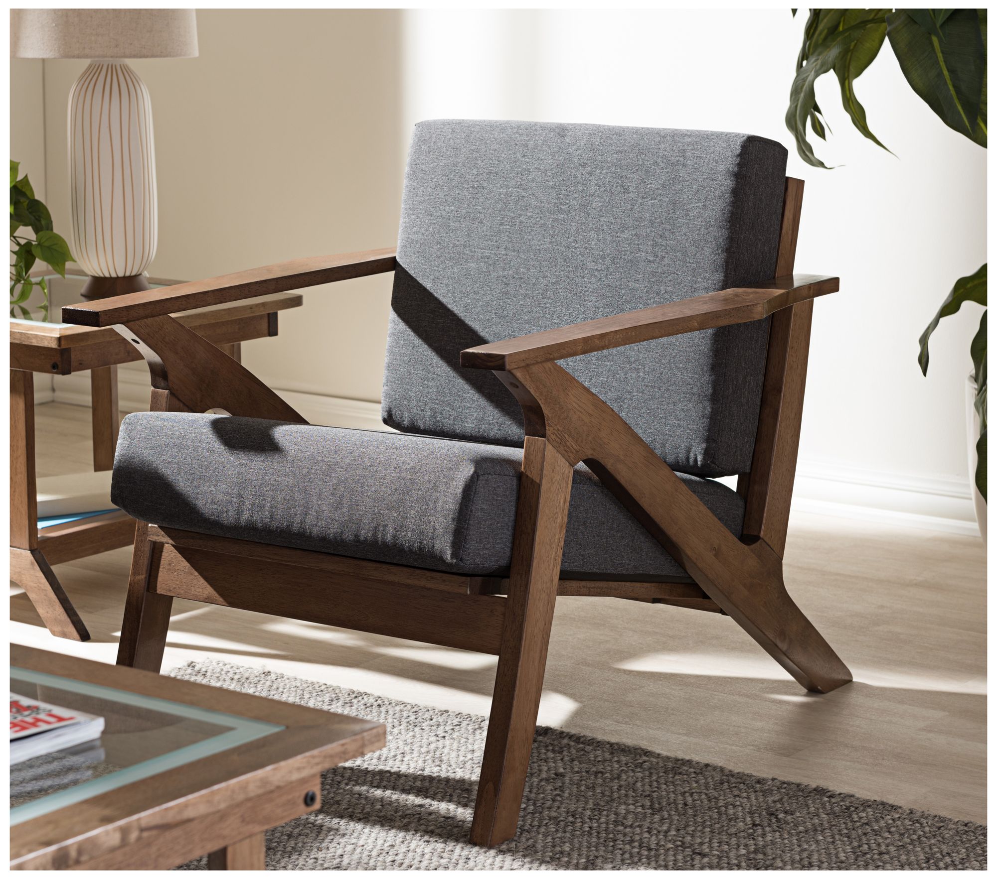Image 3 Baxton Studio Cayla Gray Fabric and Walnut Wood Lounge Chair more views