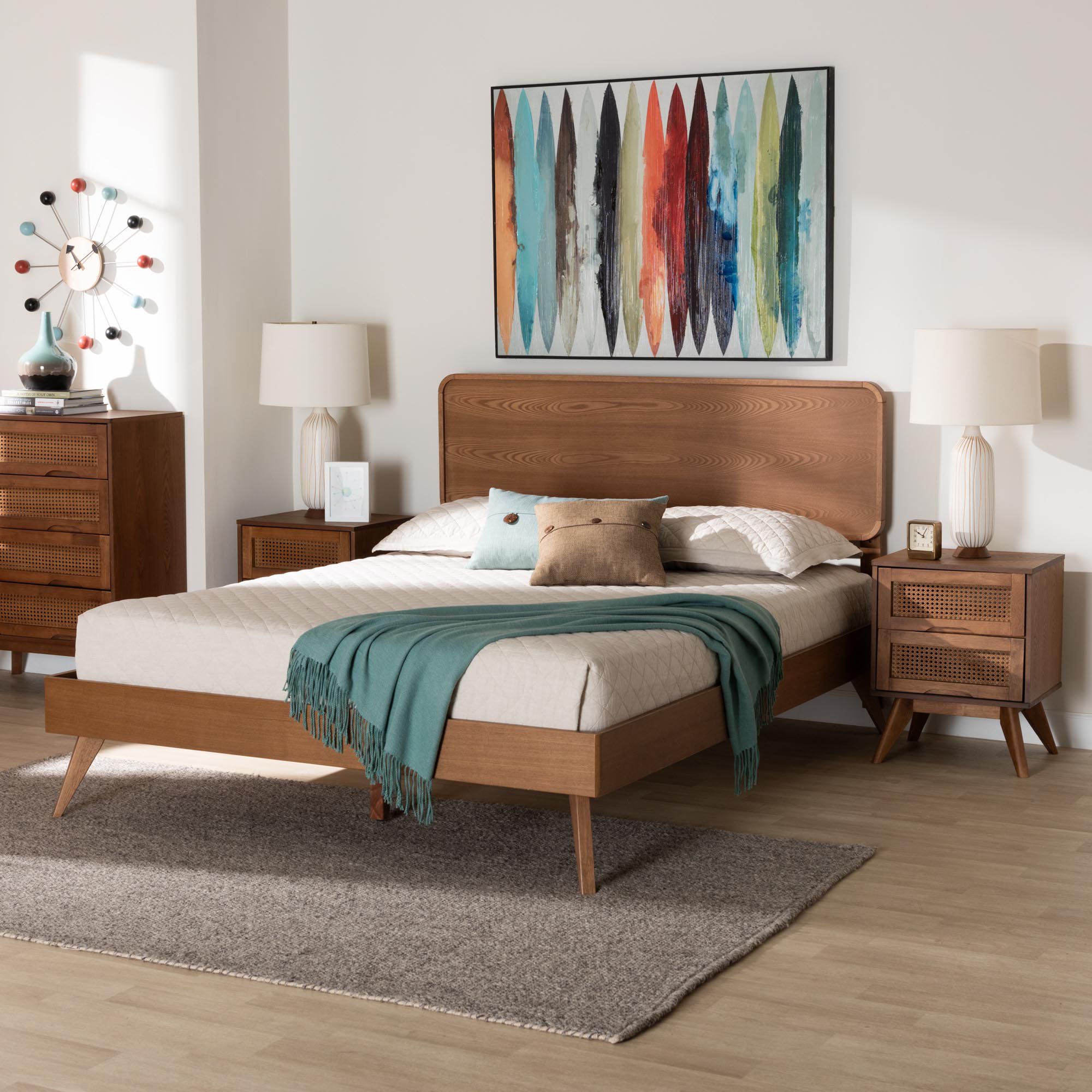 Image Baxton Studio Demeter Mid Century Wood Queen Size 3-Piece Bedroom Set