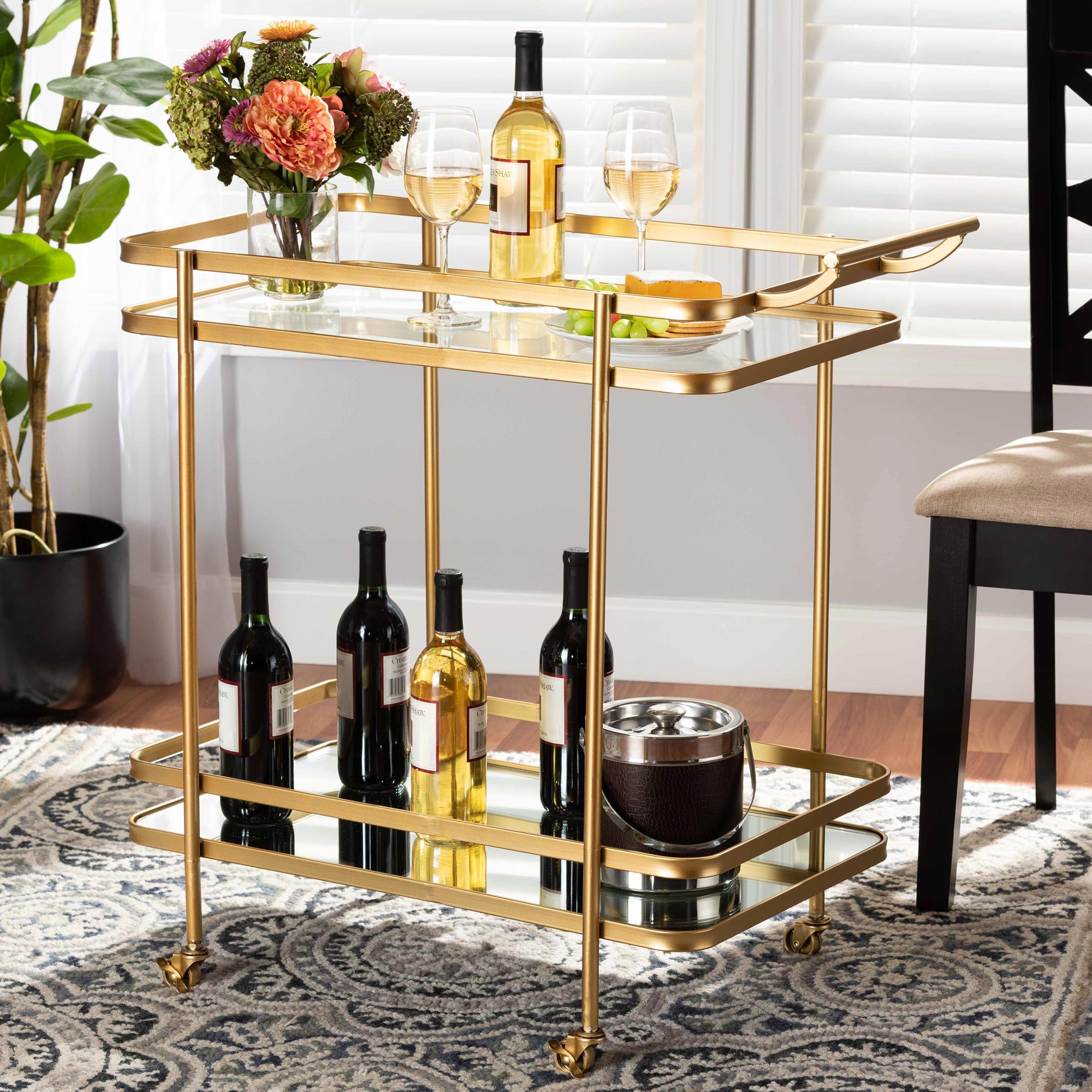 Baxton Studio Destin Brush Gold 2 Tier Mobile Wine Bar Cart