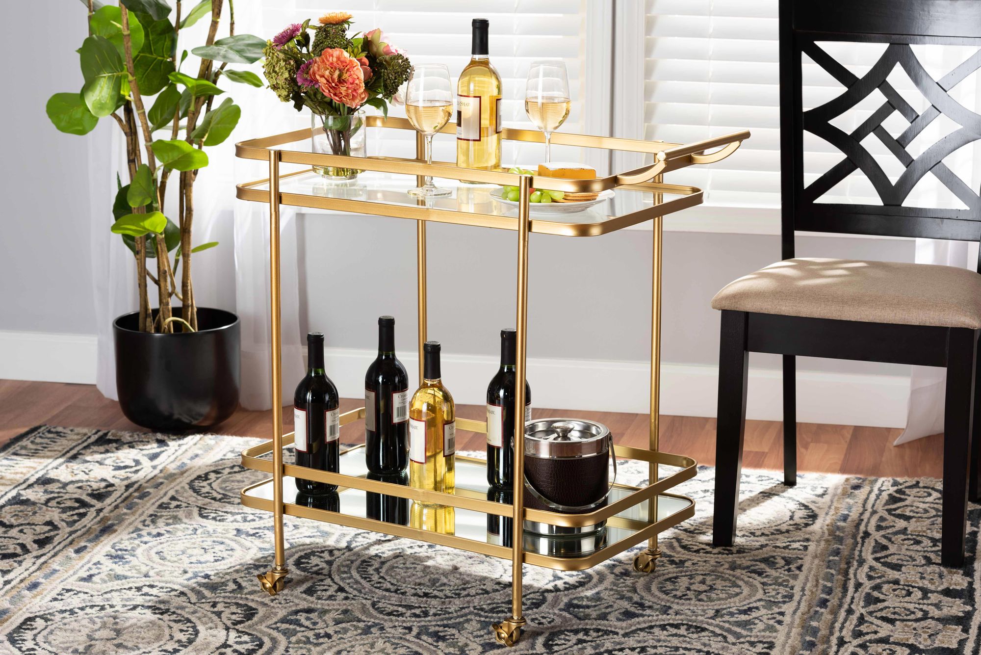 Baxton Studio Destin Brush Gold 2-Tier Mobile Wine Bar Cart