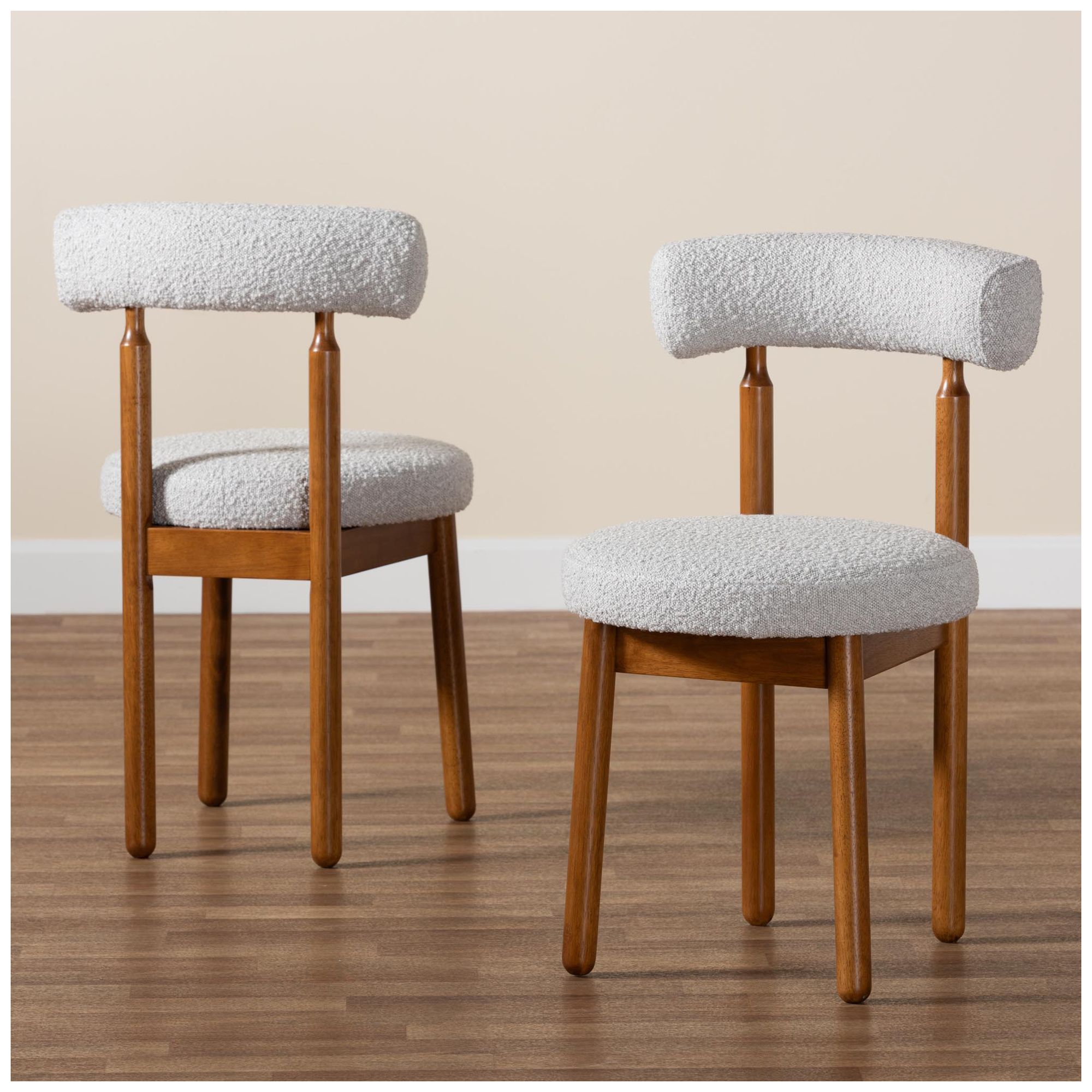Baxton Studio Edric Light Grey Boucle Fabric Wood 2-Piece Dining Chair Set