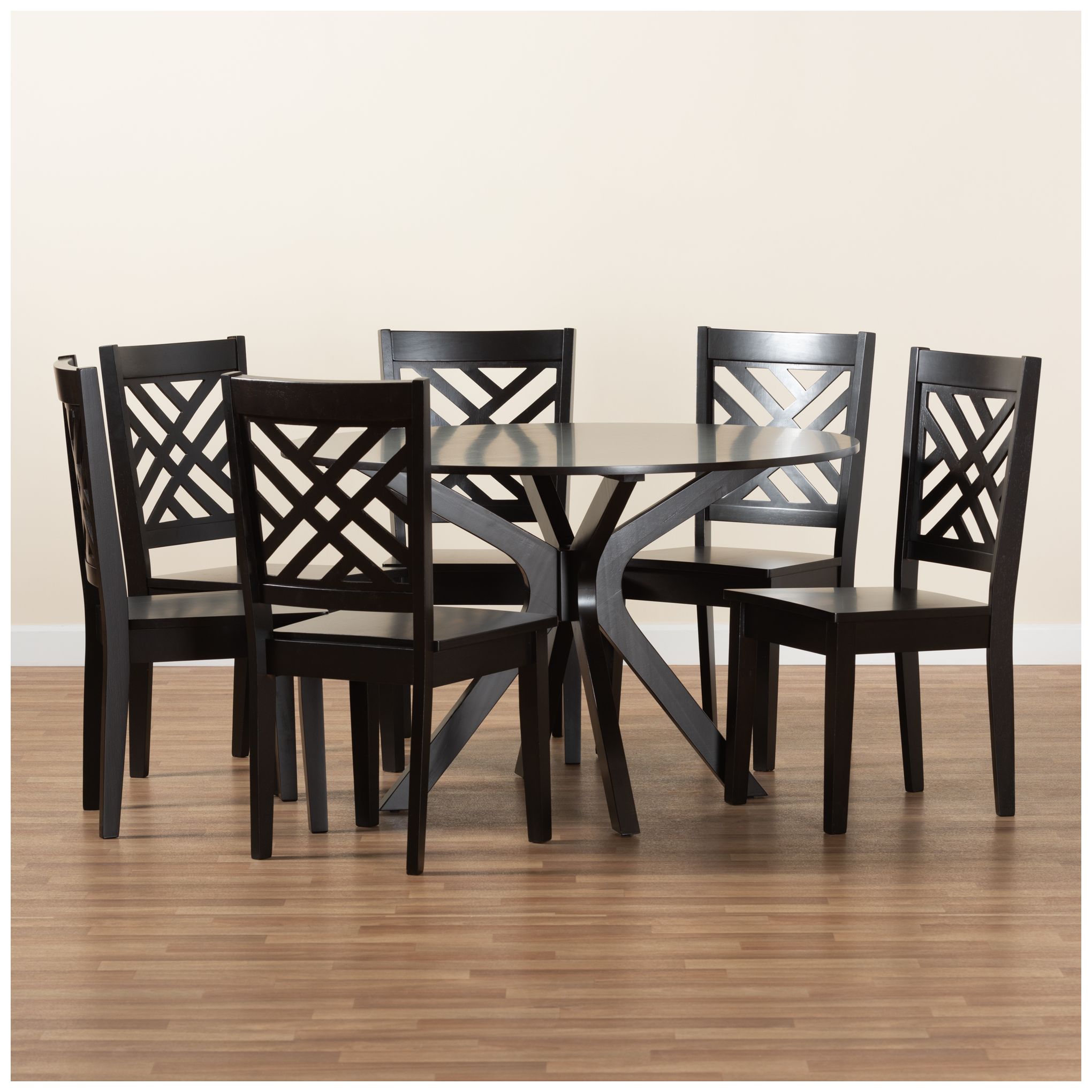 Baxton Studio Ela Dark Brown Wood 7-Piece Dining Set in scene