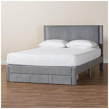 Baxton Studio Elora Modern Grey Pleated Velvet Queen Size Storage Bed