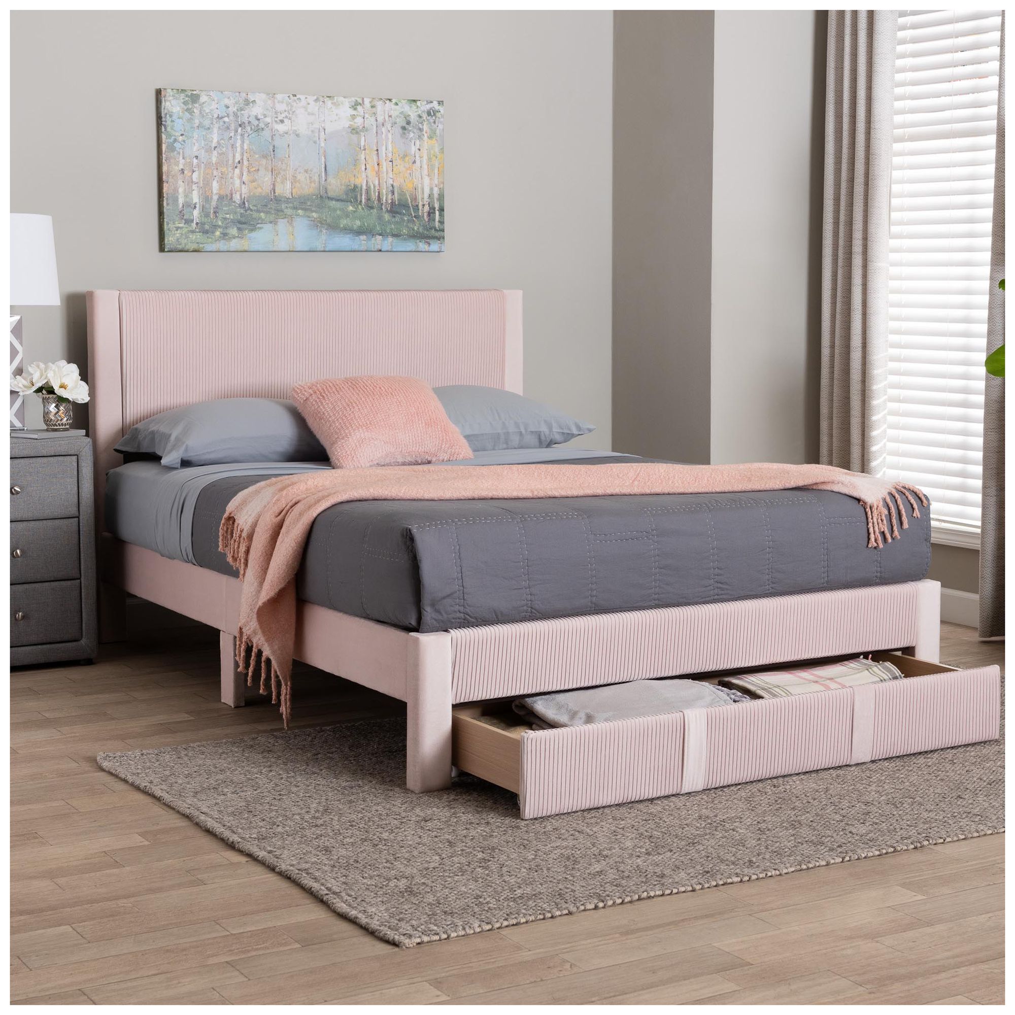 Baxton Studio Elora Modern Light Pink Pleated Velvet Queen Size Storage Bed