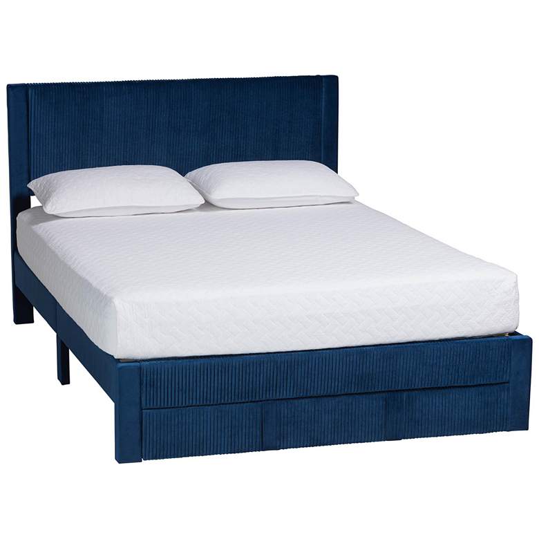 Image 2 Baxton Studio Elora Modern Navy Blue Pleated Velvet Queen Size Storage Bed