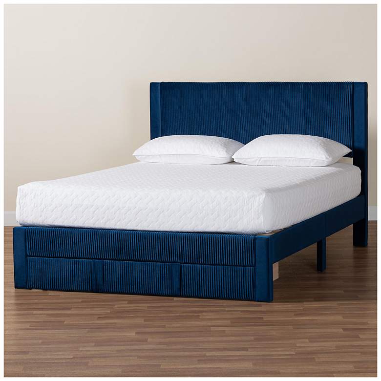 Image 1 Baxton Studio Elora Modern Navy Blue Pleated Velvet Queen Size Storage Bed