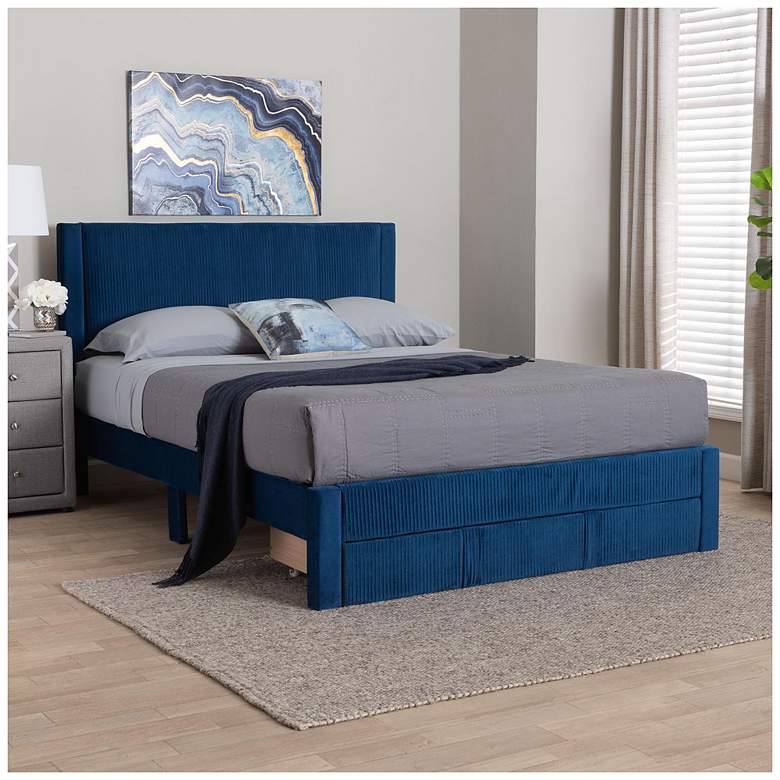 Image 3 Baxton Studio Elora Modern Navy Blue Pleated Velvet Queen Size Storage Bed more views