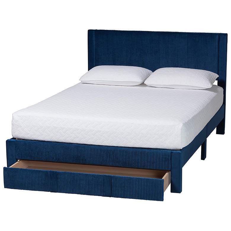 Image 4 Baxton Studio Elora Modern Navy Blue Pleated Velvet Queen Size Storage Bed more views