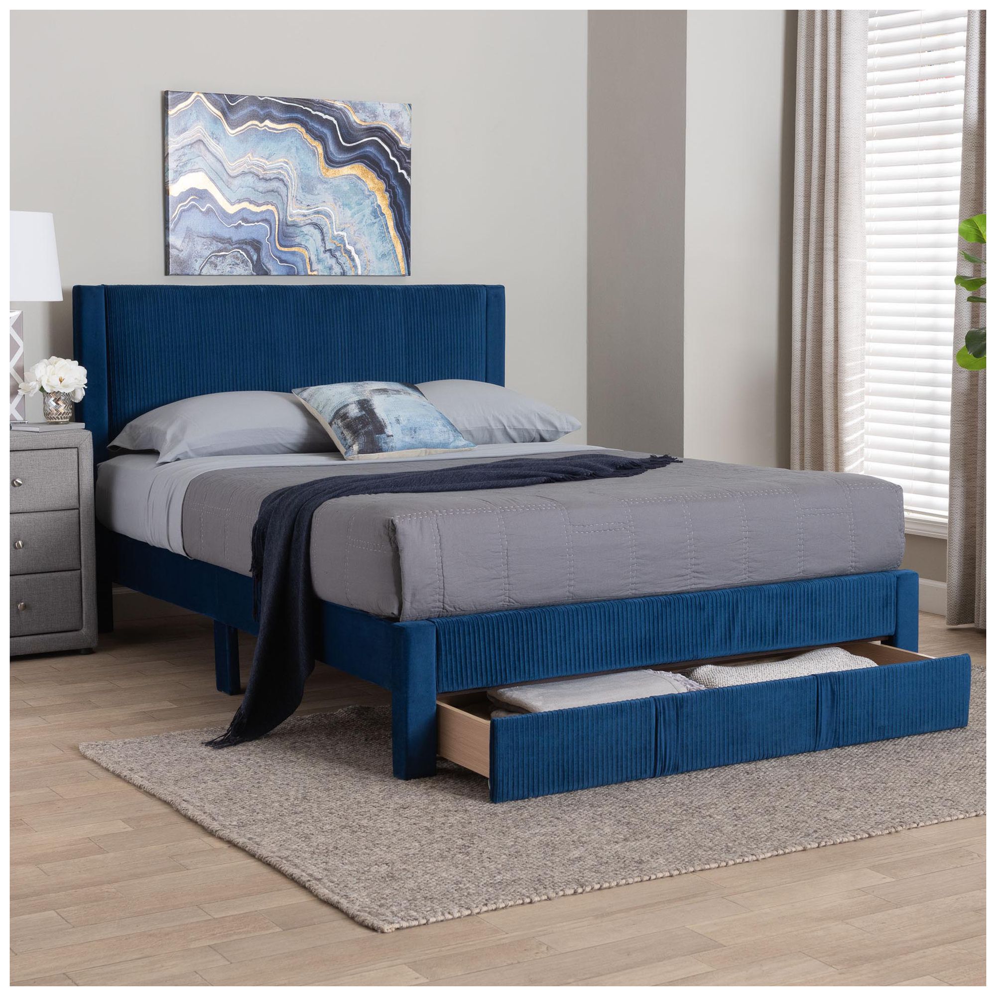 Baxton Studio Elora Modern Navy Blue Pleated Velvet Queen Size Storage Bed