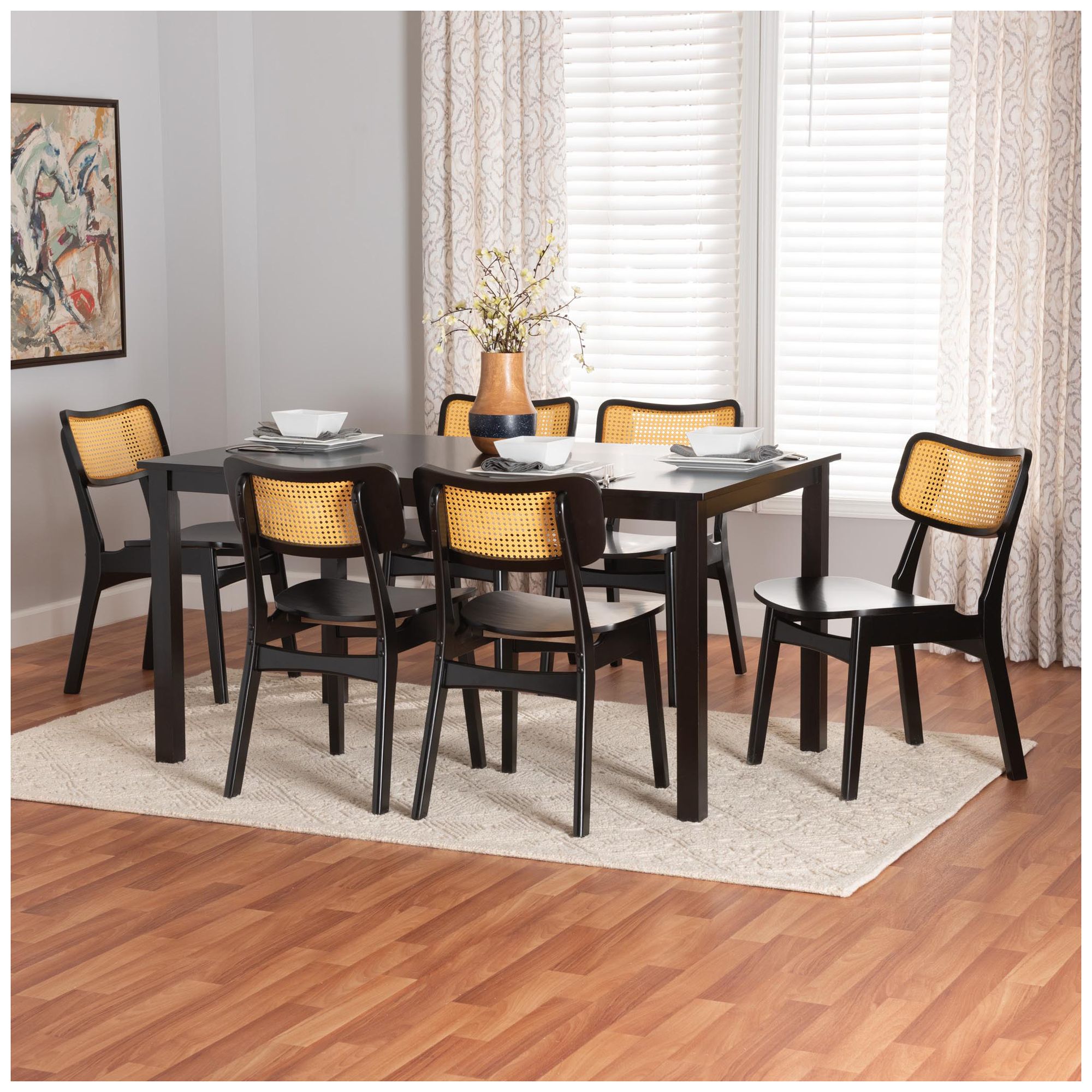 Image 2 Baxton Studio Estera Dark Brown Finished Wood and Rattan 7-Piece Dining Set more views