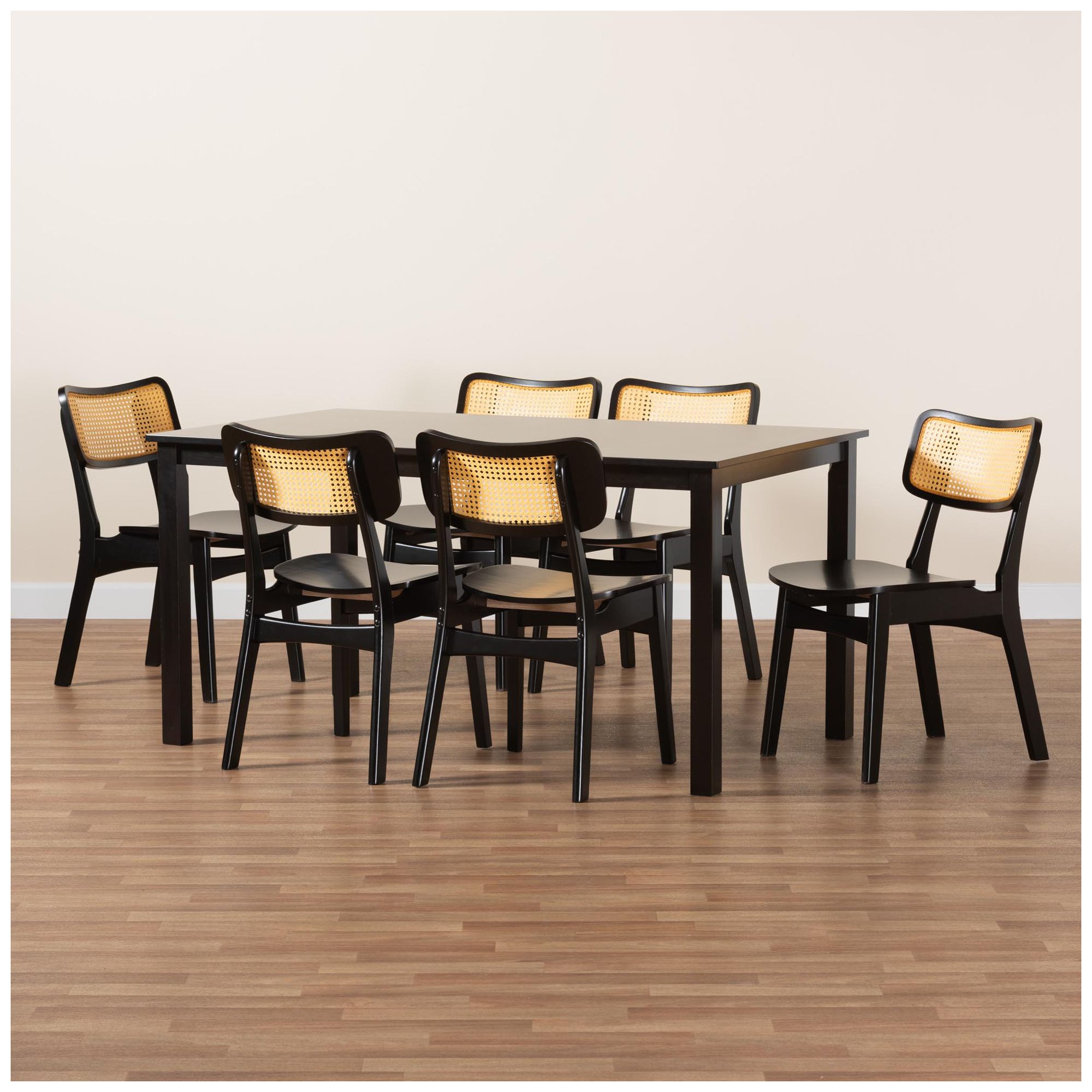 Baxton Studio Estera Dark Brown Finished Wood and Rattan 7-Piece Dining Set