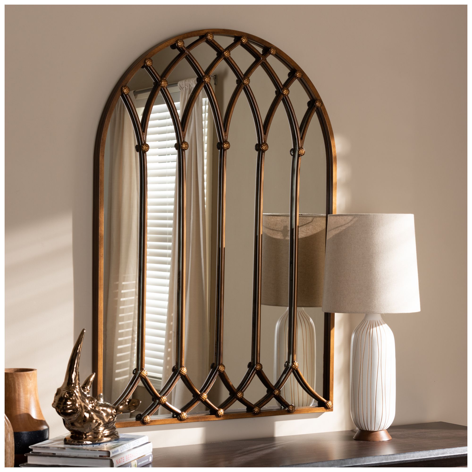 Image 2 Baxton Studio Freja Bronze Finished Arched Window Accent Wall Mirror more views