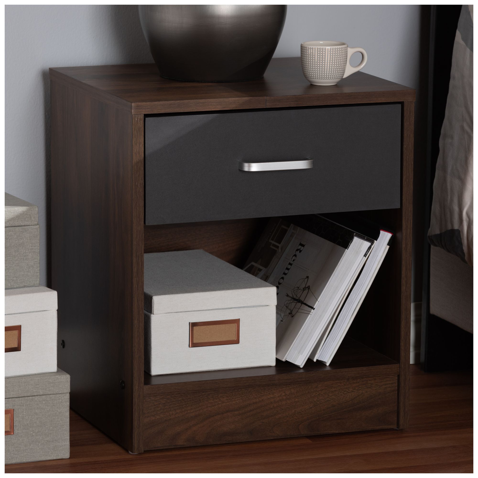 Image 2 Baxton Studio Hansel 1-Drawer Dark Brown and Dark Grey Finished Nightstand more views