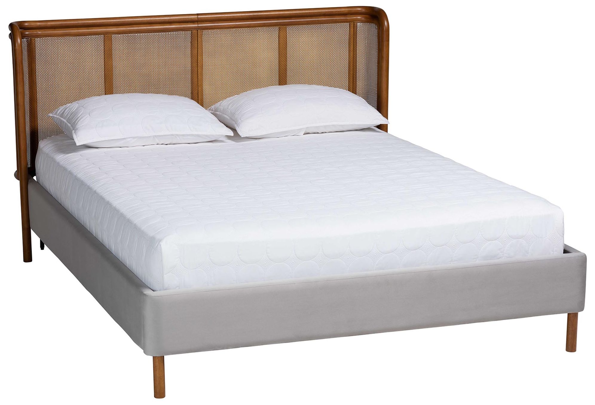 Image 2 Baxton Studio Harrell Modern Grey Velvet and Rattan Wood Queen Size Bed