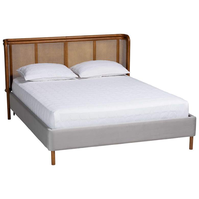 Image 2 Baxton Studio Harrell Modern Grey Velvet and Rattan Wood Queen Size Bed