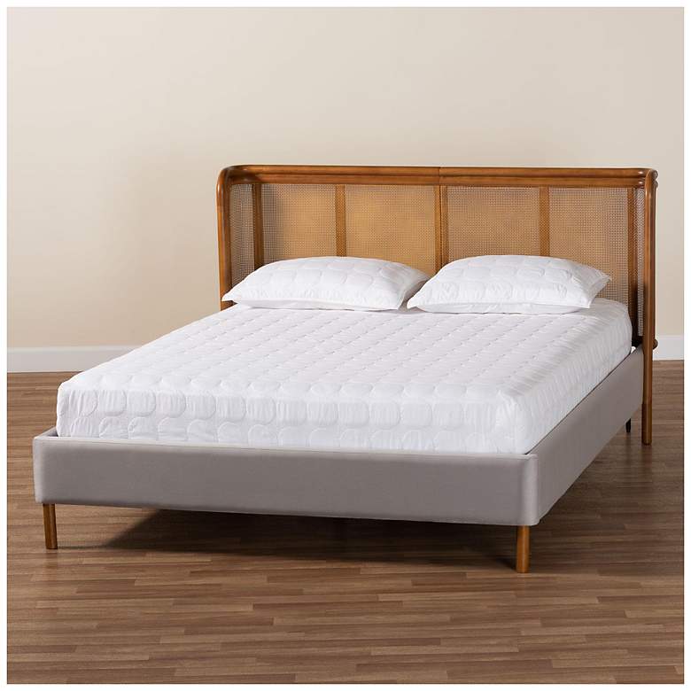 Image 1 Baxton Studio Harrell Modern Grey Velvet and Rattan Wood Queen Size Bed