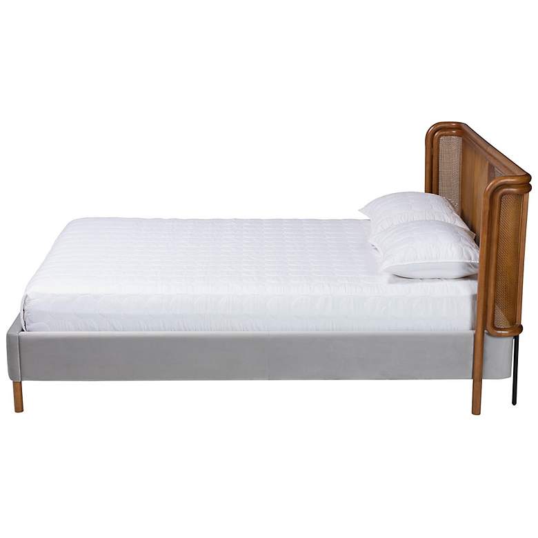 Image 4 Baxton Studio Harrell Modern Grey Velvet and Rattan Wood Queen Size Bed more views