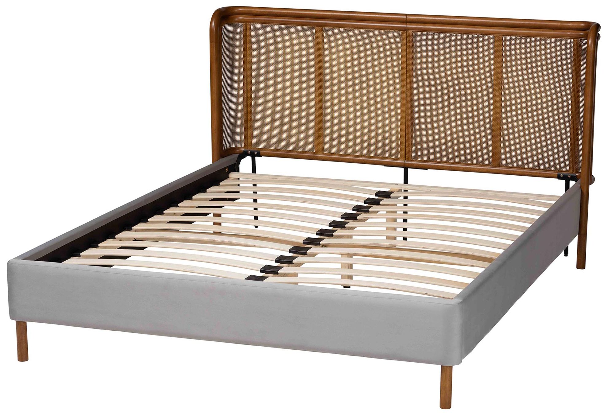 Image 5 Baxton Studio Harrell Modern Grey Velvet and Rattan Wood Queen Size Bed more views