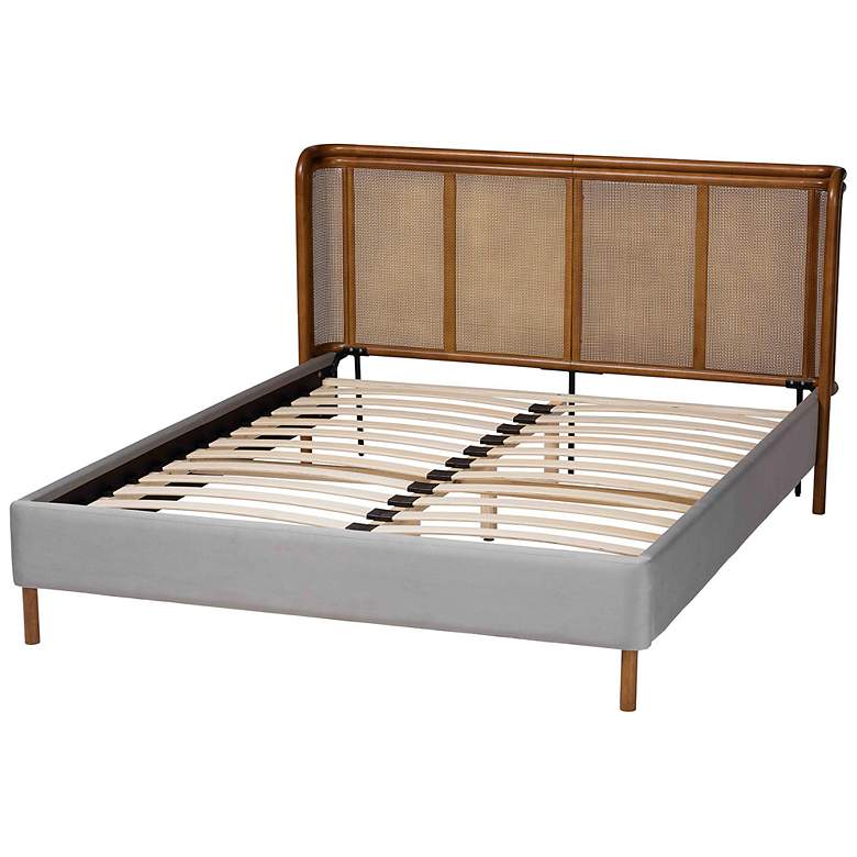 Image 5 Baxton Studio Harrell Modern Grey Velvet and Rattan Wood Queen Size Bed more views