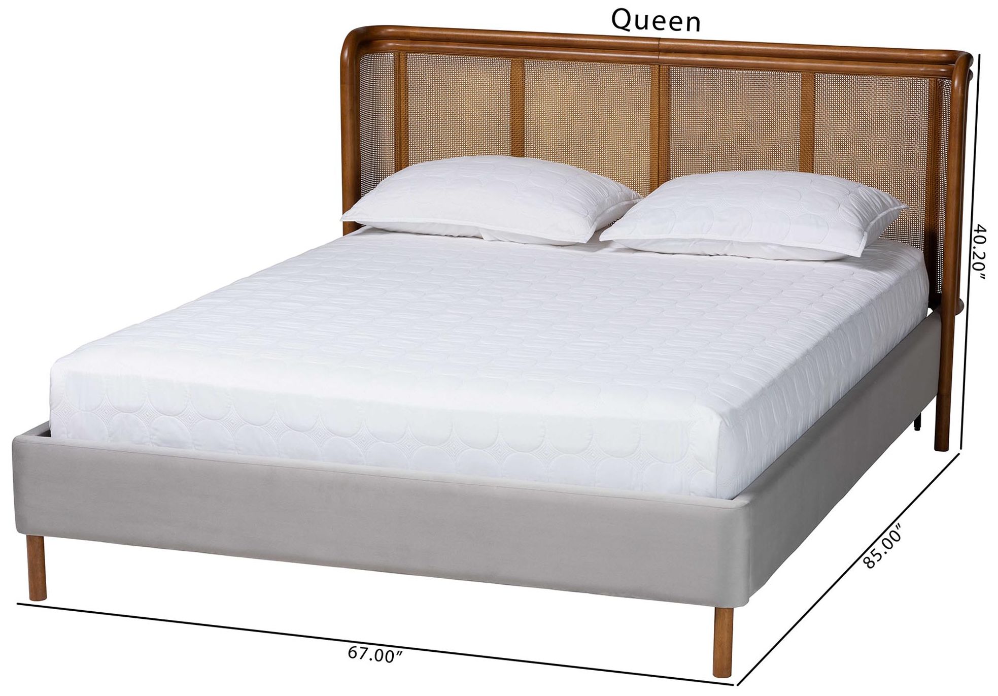 Baxton Studio Harrell Modern Grey Velvet and Rattan Wood Queen Size Bed