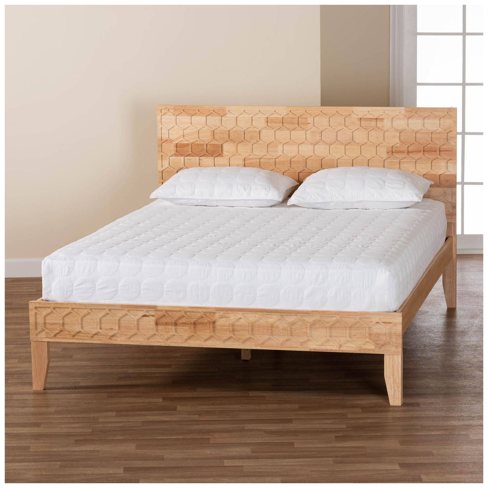 Baxton Studio Hosea Japandi Carved Natural Queen Size Platform Bed