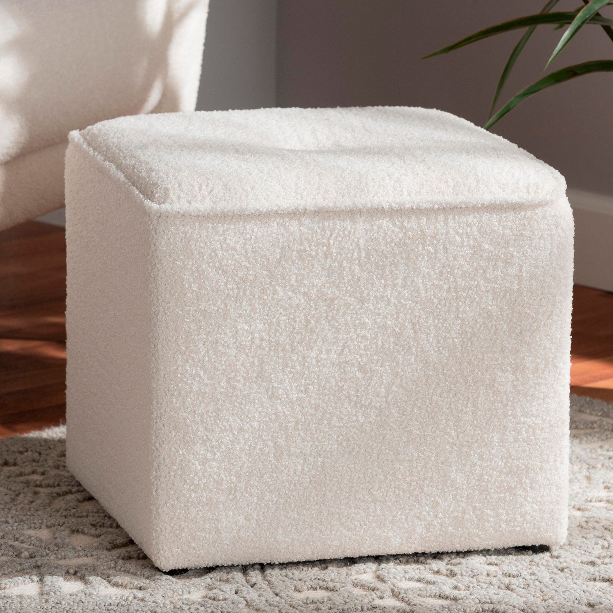 Baxton Studio Isaiah Ivory Boucle Fabric Square Ottoman 879W4