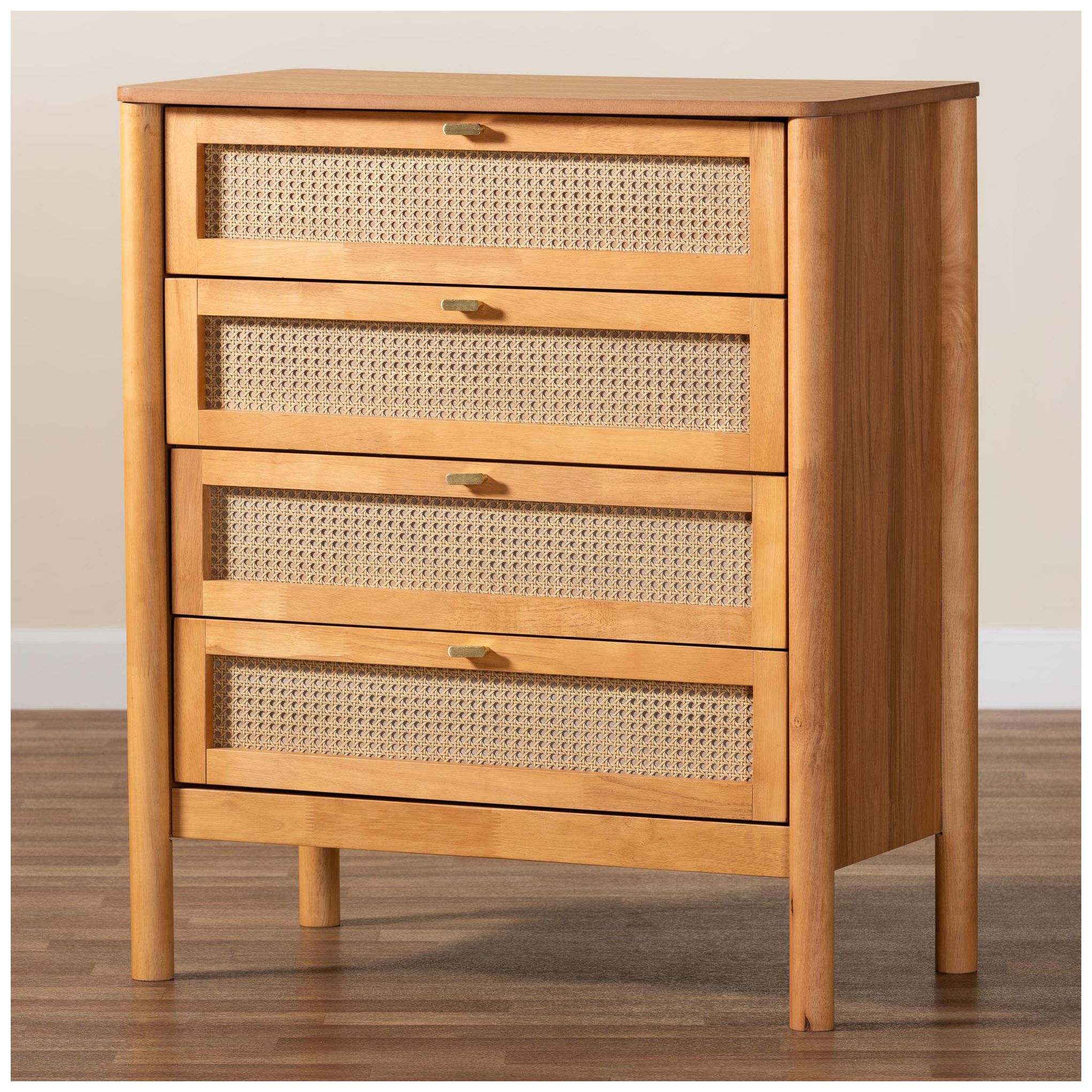 Baxton Studio Jenn Golden Brown Wood 4-Drawer Chest with Rattan