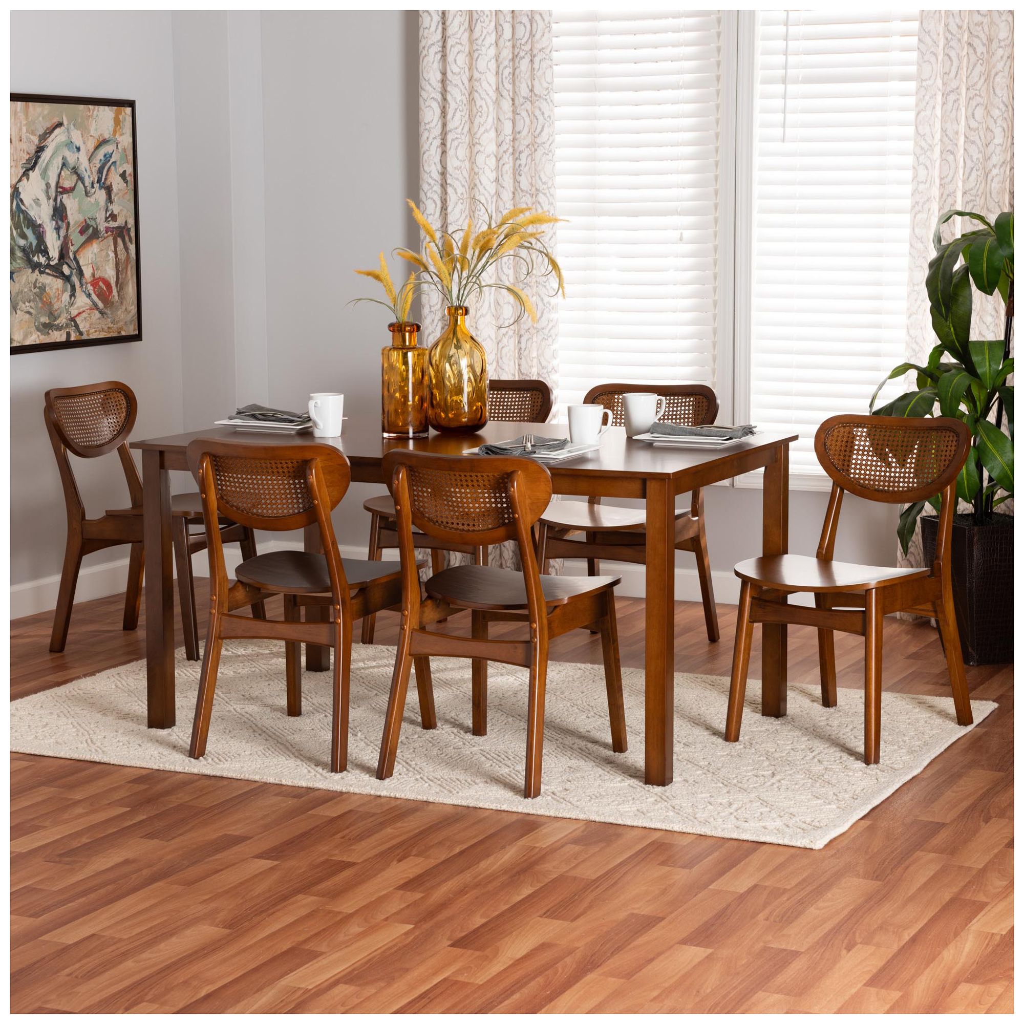 Image 2 Baxton Studio Jeriah Mid Century Wood and Woven Rattan 7-Piece Dining Set more views