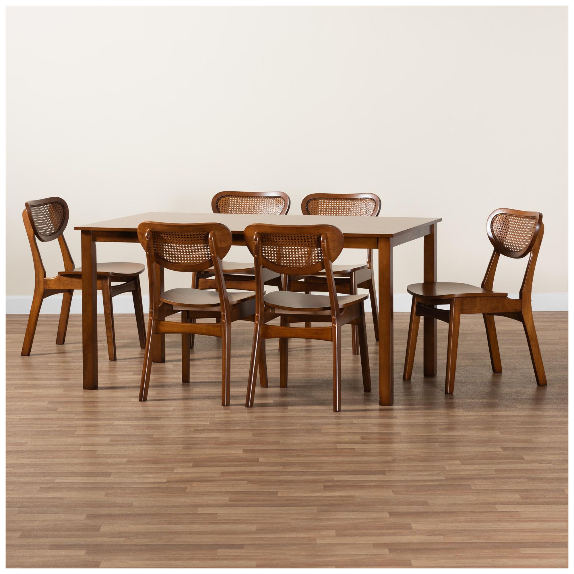 Baxton Studio Jeriah Mid Century Wood and Woven Rattan 7-Piece Dining Set