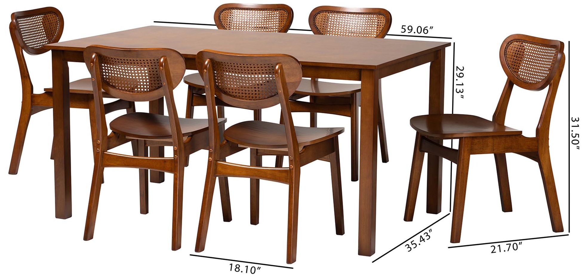 Baxton Studio Jeriah Mid Century Wood and Woven Rattan 7-Piece Dining Set