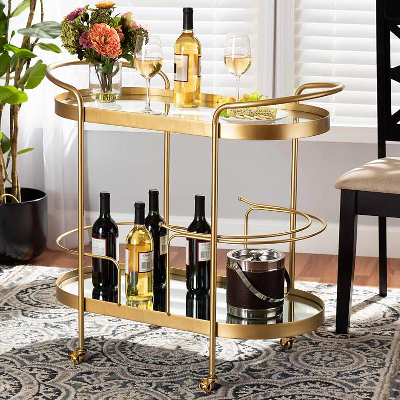 Image 1 Baxton Studio Kamal Brushed Gold 2-Tier Mobile Wine Bar Cart