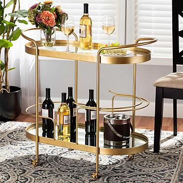 Baxton Studio Kamal Brushed Gold 2-Tier Mobile Wine Bar Cart
